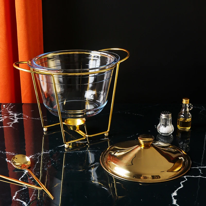 Round Buffet Soup Warmer Chafer Set Glass Food Pan Dishes with Ladle 4L Gold Chafing Dish for Wedding Parties Banquet Catering