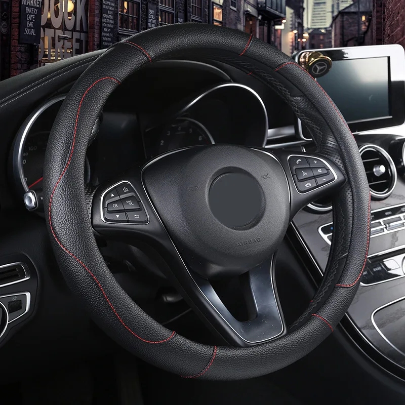 New 38cm Round And D Shape Leather With Carbon Fiber Steering Wheel Cover With Rubber Ring For Universal Car