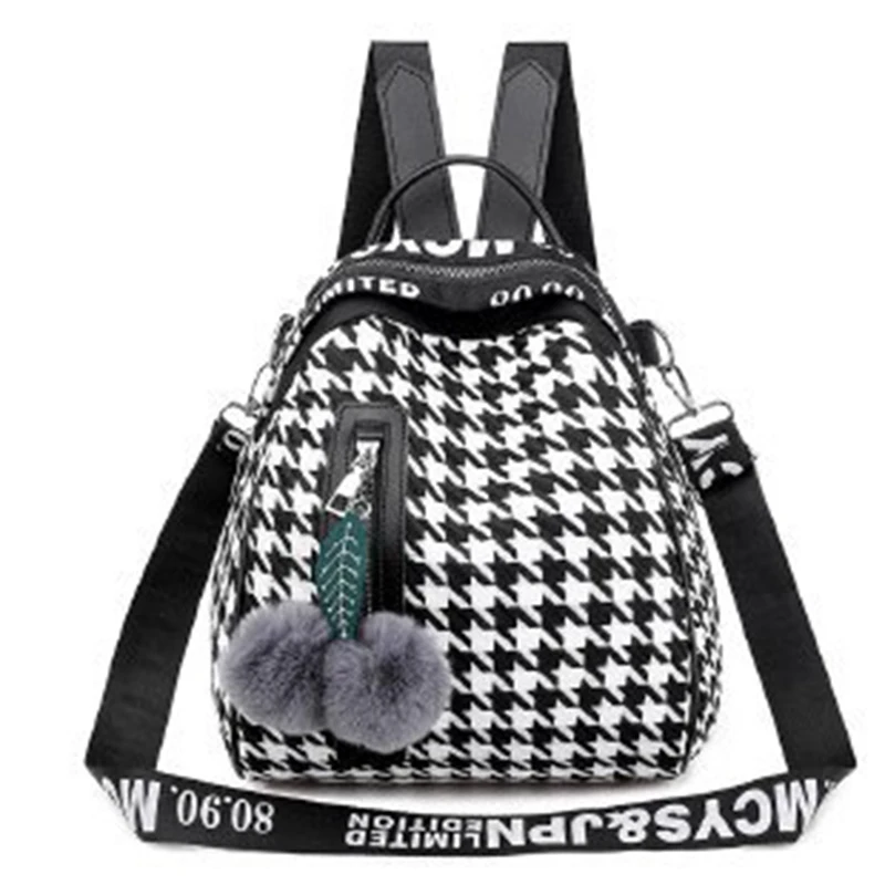
Hot Sale Fashion Strap Houndstooth Teenager Cross Body Shoulder Bag Youth Students Schoolbag College Women Backpack With Pompom 