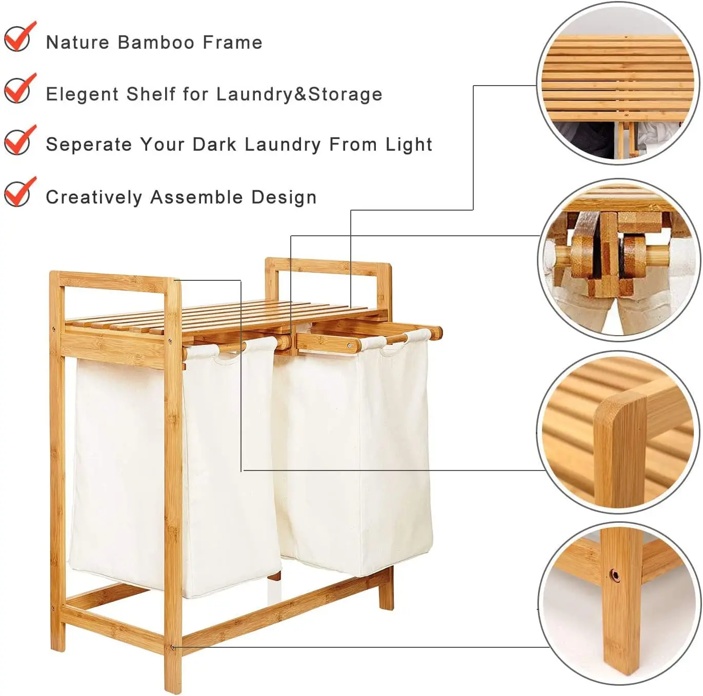 Portable Bamboo Laundry Hamper with Dual Compartments 2 section Laundry Basket with Removable Sliding Bags