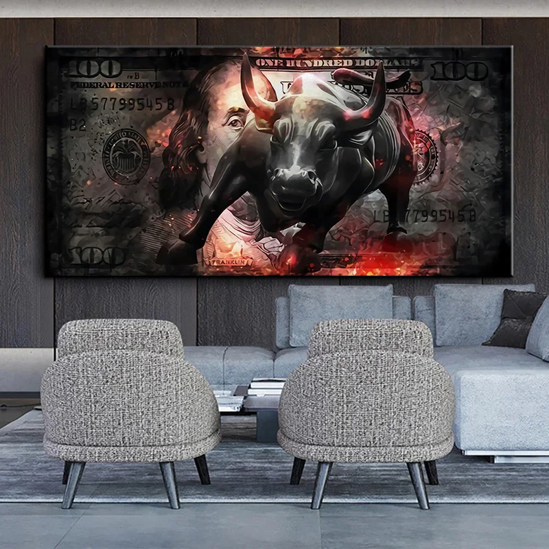 Charging Bull Art Wall Street Canvas Painting 100 Dollar Bull Statue Picture Office Home Decor