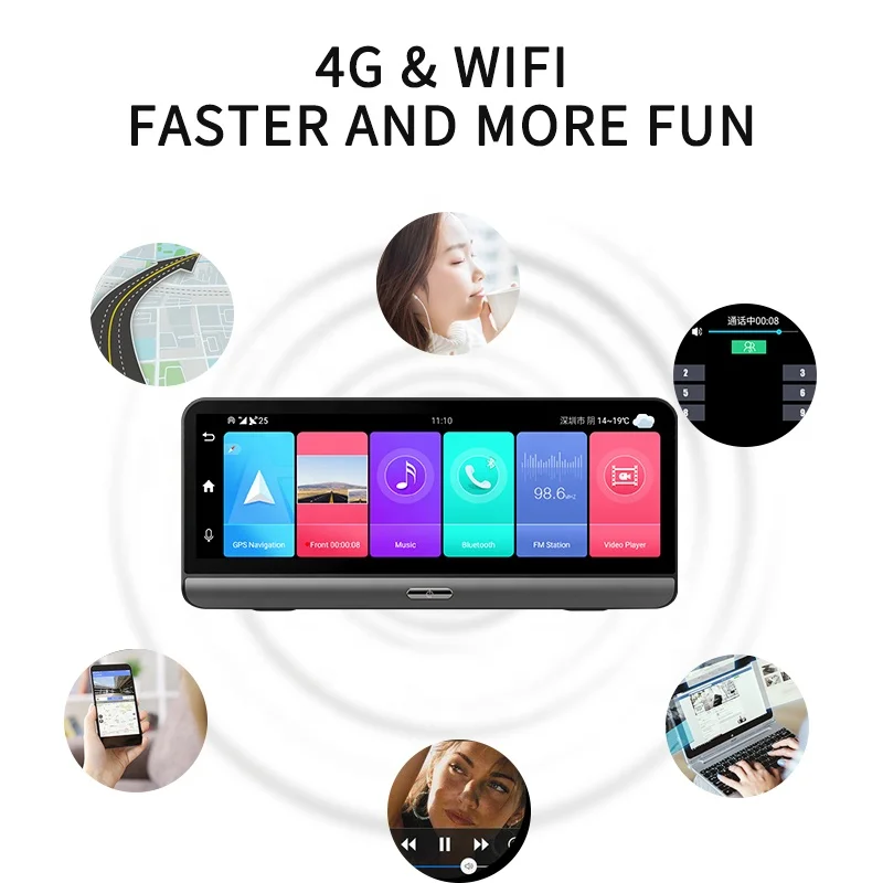 Yikoo full Hd 8 дюймов сенсорный экран автомобильная камера Wi-Fi 4G Мобильный dvr gps навигации видеорегистратор с двойной тире Android