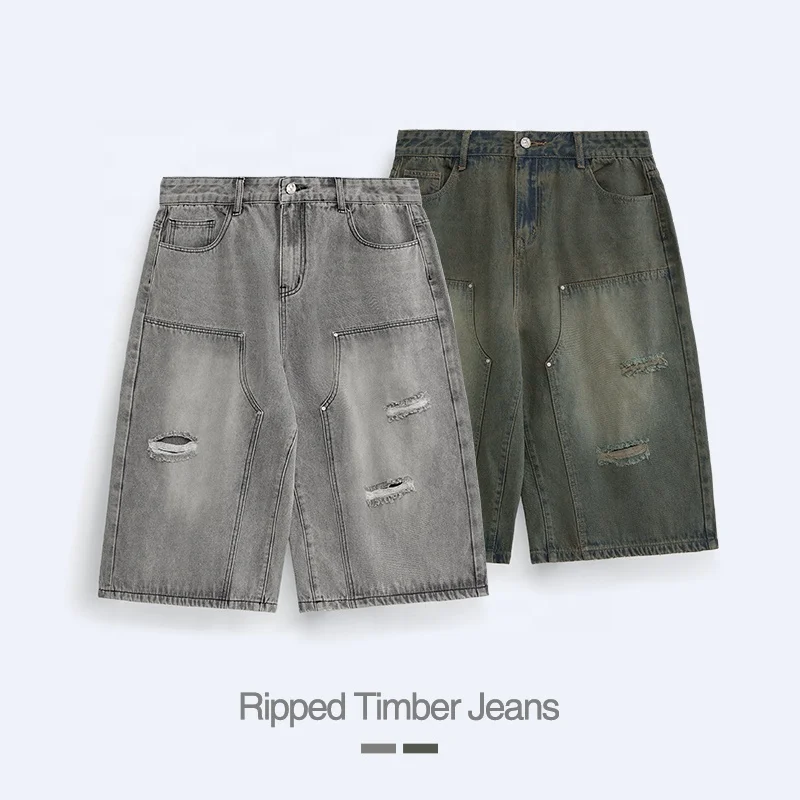 INFLATION Ripped Seven Denim Shorts Jean Men Double Knee Streetwear Manufacturer Hip Pop Jean Shorts