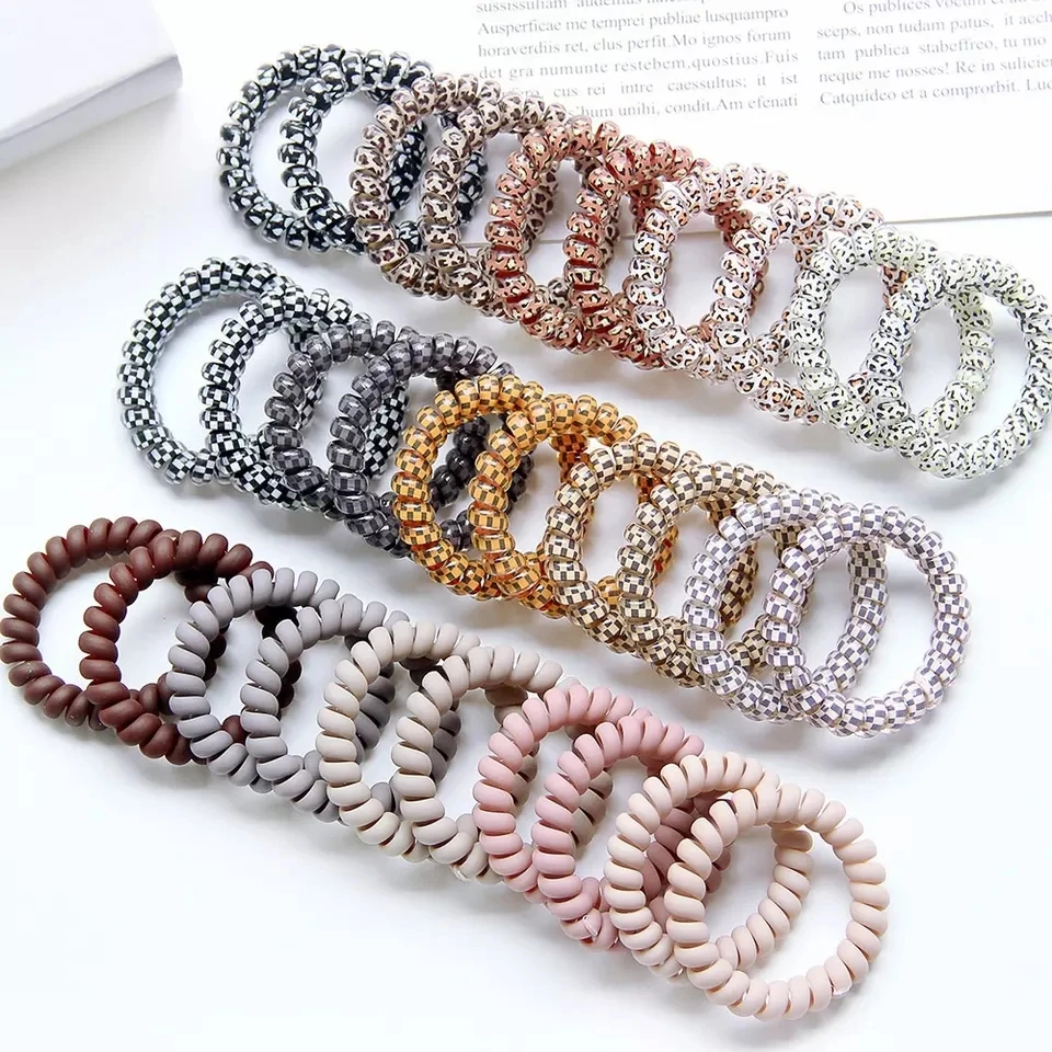 Wholesale Custom 6cm Packs Telephone Nude Color Checker Leopard Phone Cord Coil Hair Bands Elastic Spiraled Hair Ties For Adults