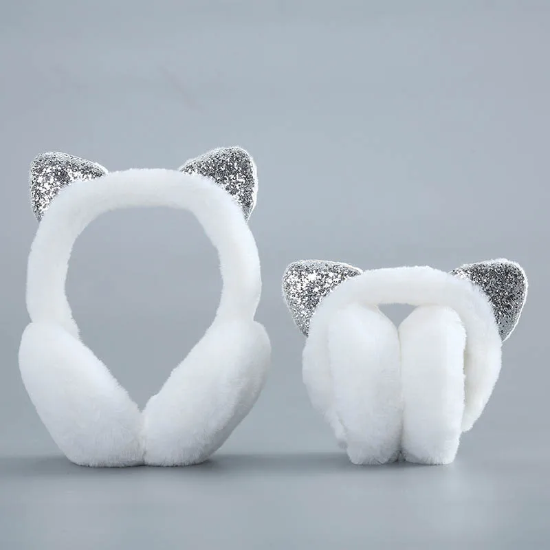 Winter Glittering Sequins Cat Ear Warmer Cute Soft Faux Fur Wool Earmuffs Headband Plush Foldable Ear Muffs For Women Girls