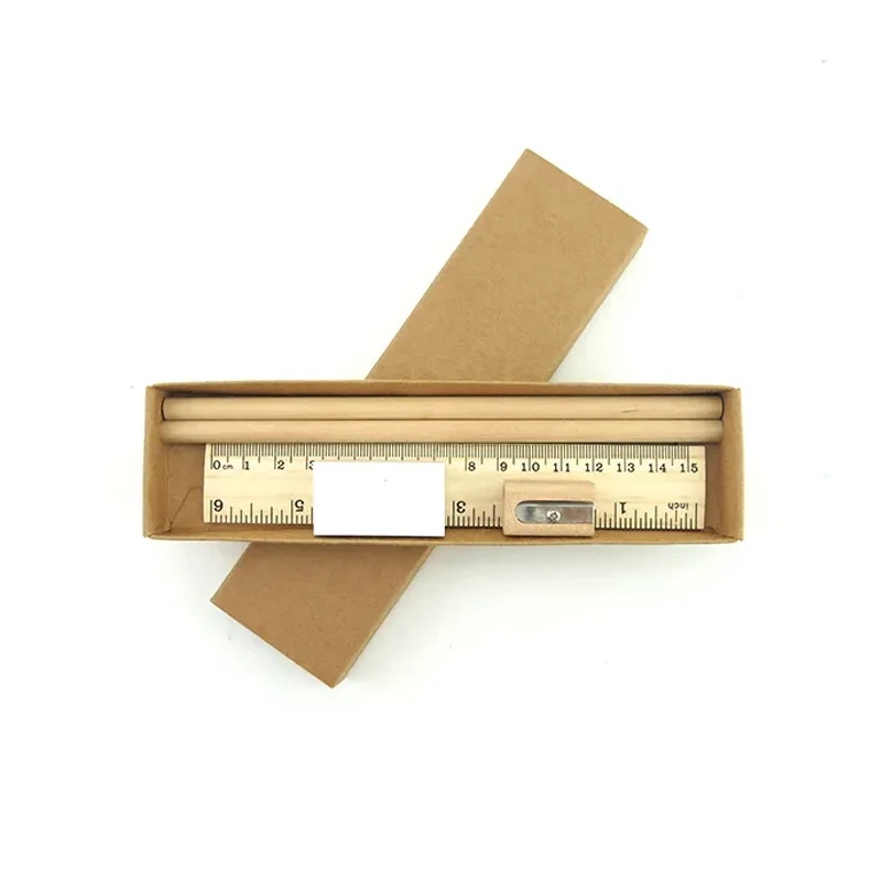 Custom Eco Friendly Wooden Ruler Eraser Pencil Sharpener in Kraft Box Stationery Items for School Stationery Set Logo Printing