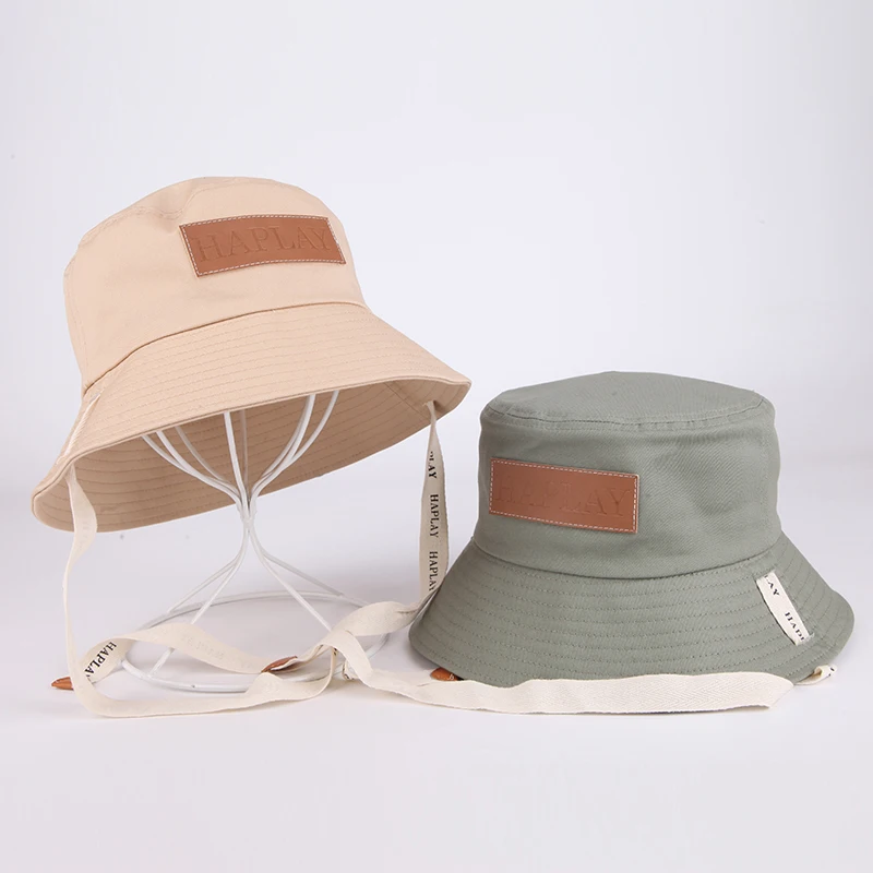 Custom leather patch outdoor fashion fisherman cap wholesale plain bucket hat with string