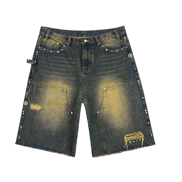 Manufacturer Y2K distress dirty wash wholesale jeans Diamonds splints patches jeans custom baggy jeans