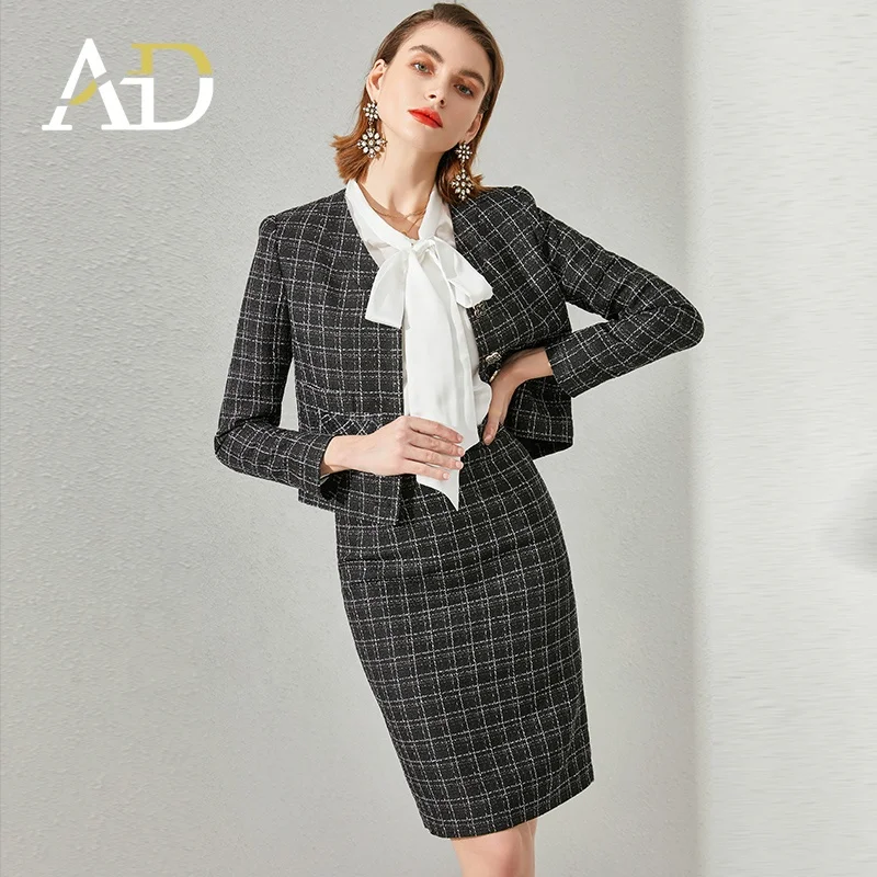 Private Label custom Korean style high- end elegant debutante tweed Two-piece dress suit Black Midi Skirt Suits for women wear