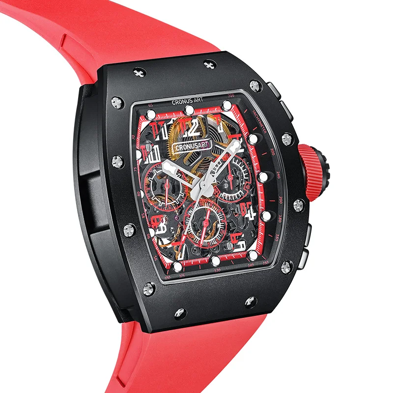 Red color Carbon Automatic Mechanical Watch for Men - Luxury Fashion Watch with Hollow Design