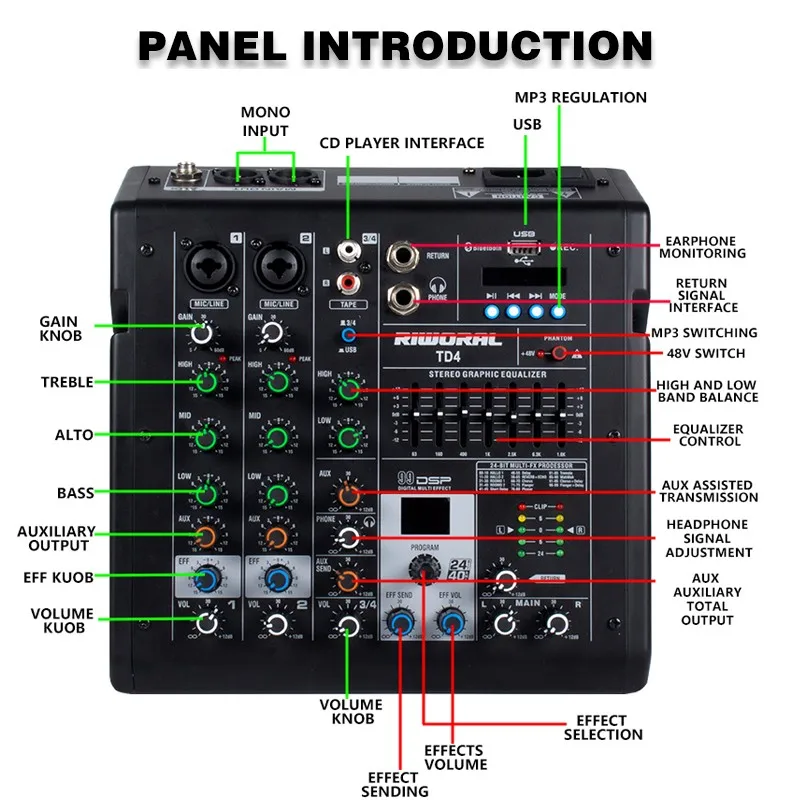TD4  2 Channel DJ sound mixer professional With 48V USB MP3 99 DSP audio console mixer