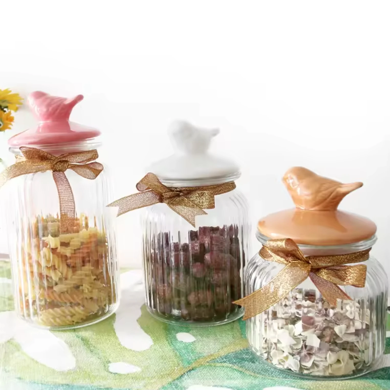 Glass Jar Canister with White Pink Ceramic Lid Heart Heartful Bird Flower Butterfly Ceramic Lid and Round Ecofriedly Basket Rack