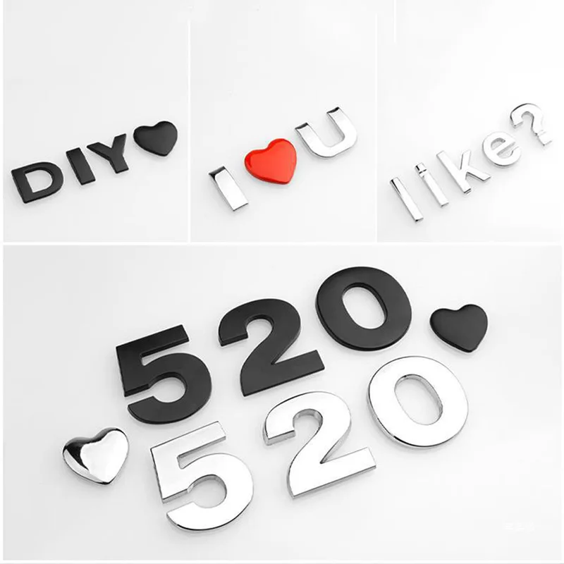 Metal Big Size English Letter Car Logo 3D Letter Body Sticker Alphanumeric Metal Body Word Label Tail Label Silvery/ Black Color