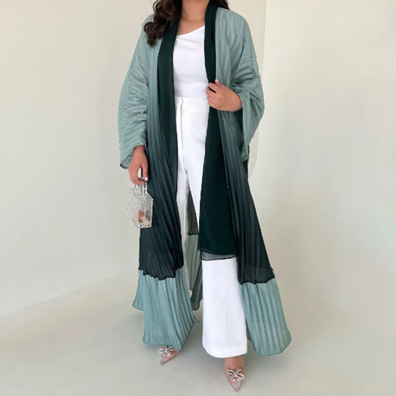 Dubai Middle East two tone chiffon pleated dress abaya factory custom doubles side open abaya with chiffon hijab