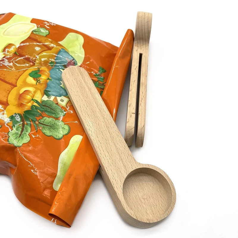 Beech Wood Eco-friendly Measuring Coffee Beans Scoop Food Bag Sealer Clip Coffee Spoons
