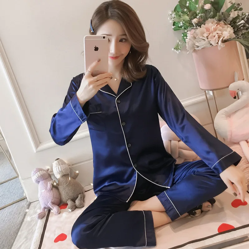 Solid color casual pajamas Long sleeve satin silk two-piece lapel plus-size pajamas comfortable home underwear