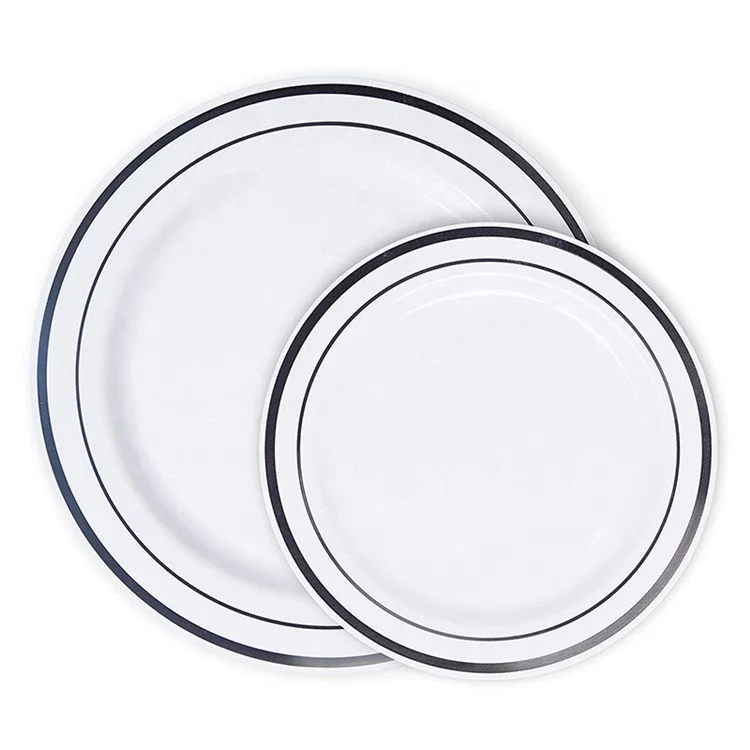 Cheap silver rim white disposable plastic plate in wholesale