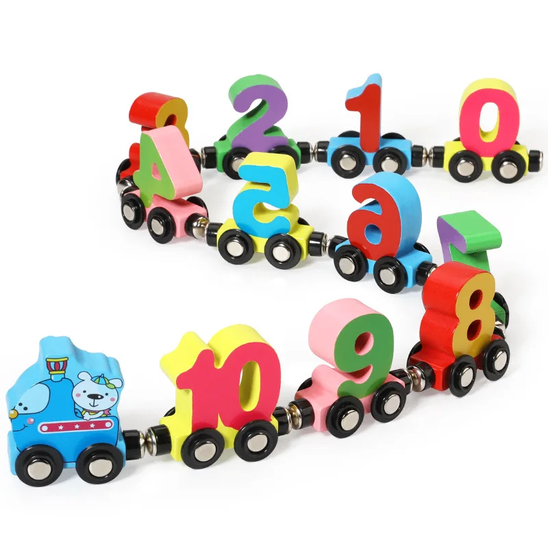 Wholesale baby wooden cartoon dinosaur magnetic alphabet digital assembly and dragging animal train blocks set toy car
