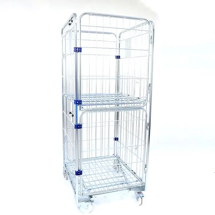 Metal High Capacity Galvanized Stackable Foldable Warehouse Collapsible 4 Sides Roll Cage Trolley
