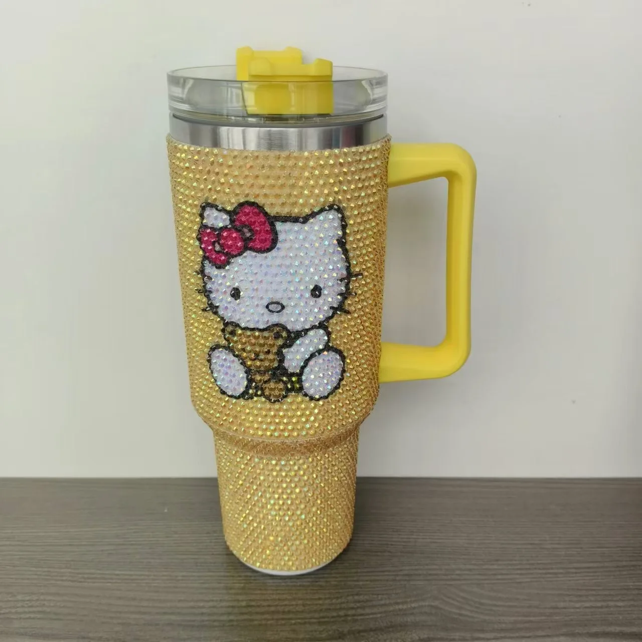 Botu Rhinestone Tumbler 40oz Handle Water Cups Creative Cartoon Kt Cat Diamond Crystal Tableware Portable Outdoor Water Cup