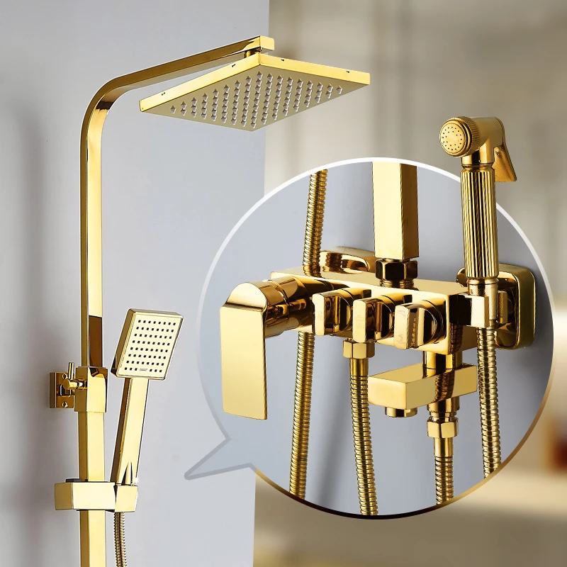 Shower Mixer Head Faucet Set Bathroom Wall Mounted Rainfall Gold Brass Square Contemporary Ceramic European Hot Cold Water Mixer