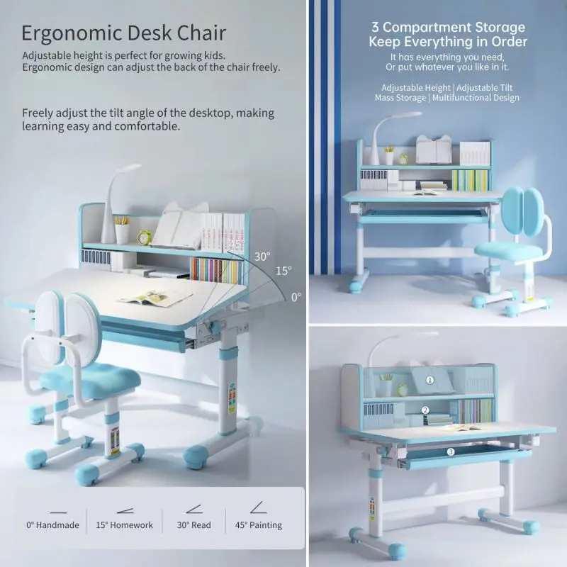 Children Desk and School Workstation Functional Writing Chair Set Ergonomic Kids Study Table with Tilt Desktop