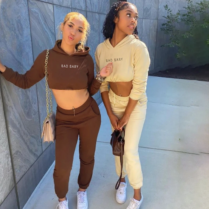 Женский спортивный костюм из 2 предметов, укороченная толстовка с надписью и вышивкой, повседневный костюм с высокой талией, Осень-зима 2021
