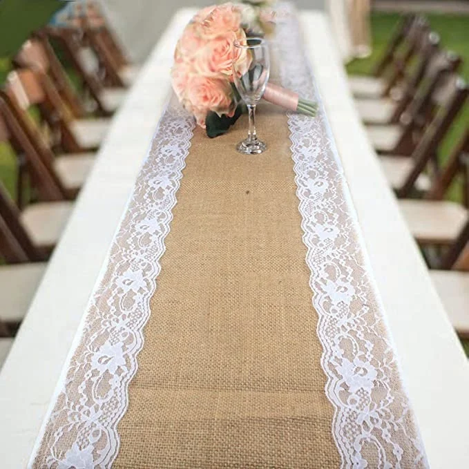 
Wholesale durable high quality natural jute table runner with lace trim 