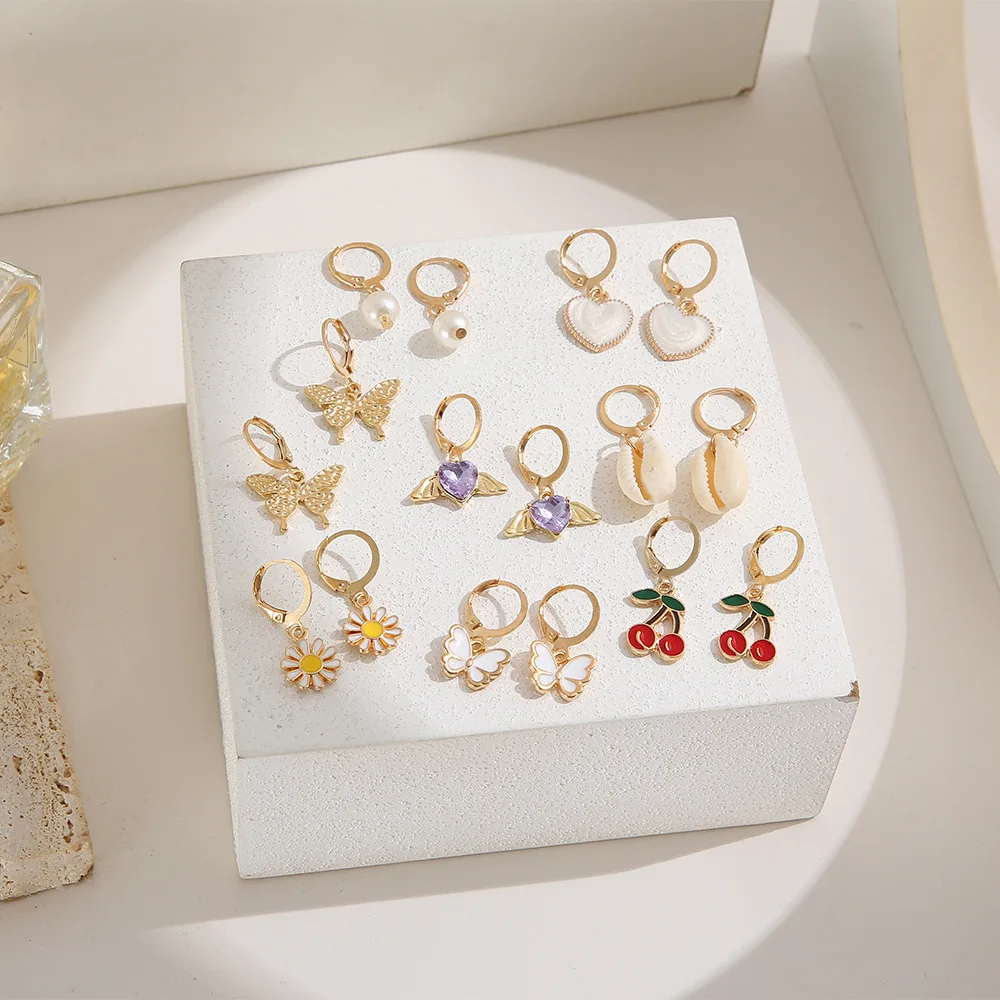 PUSHI fashion creative rhinestone cherry earrings fruit butterfly wings earrings pearl ear clip 9 pairs combo earrings set