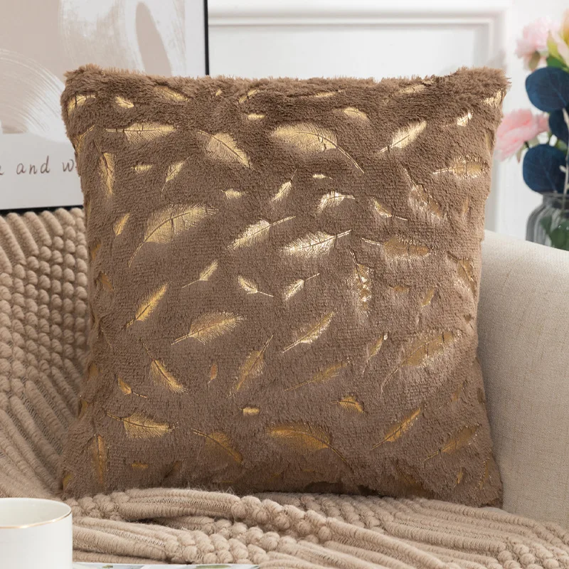 Decorative Throw Pillow Covers Plush Faux Fur with Gold Feathers Gilding Leaves Soft Fuzzy Cute Pillowcase for Couch Sofa Bed