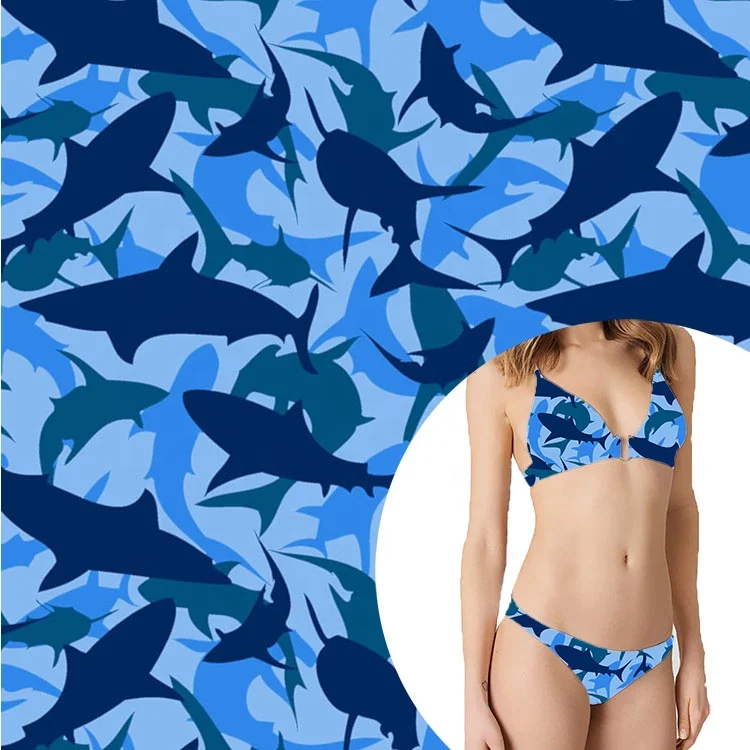 new summer sexy popular strech shiny anti-UV polyamide shark spandex beach digital printing fabric
