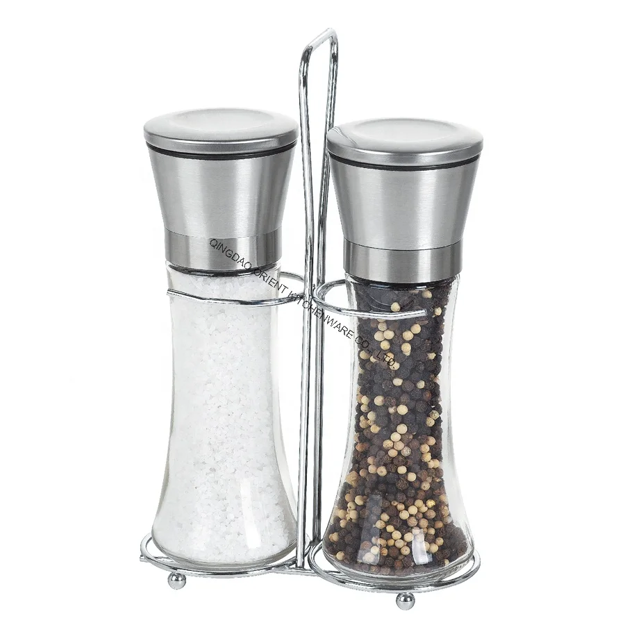 2Pcs Gold Glass Salt And Pepper Shaker Set Stainless Steel For Restaurant
