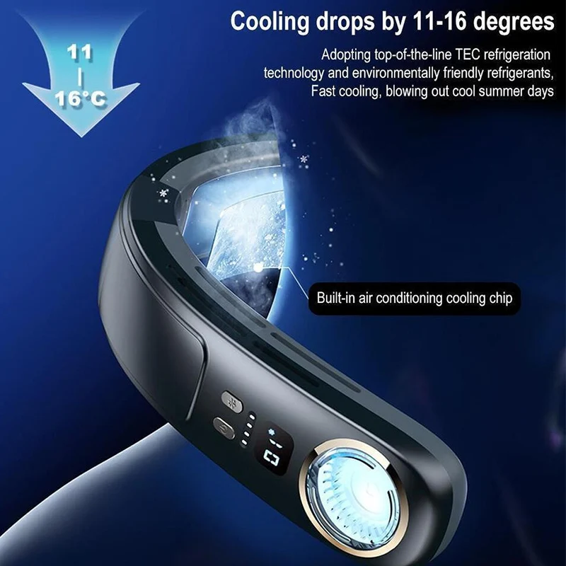 Intelligent Screen Display Semiconductor Cooling Hanger Neck Fan Portable Adjustable 3Gears Cooling Neck Fan