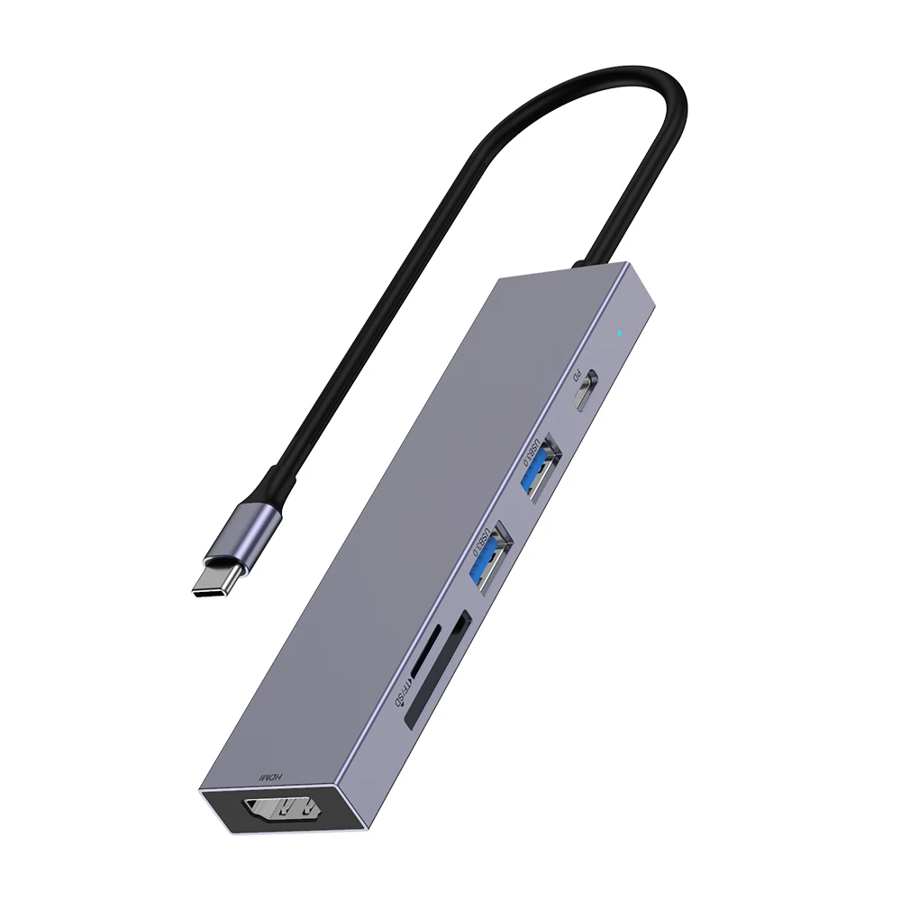 Hot-selling Aluminum Alloy 6 IN 1 USB C Hub with USB 3.0 SD TF Card High-Definition Multimedia Interface Adapter Docking Station