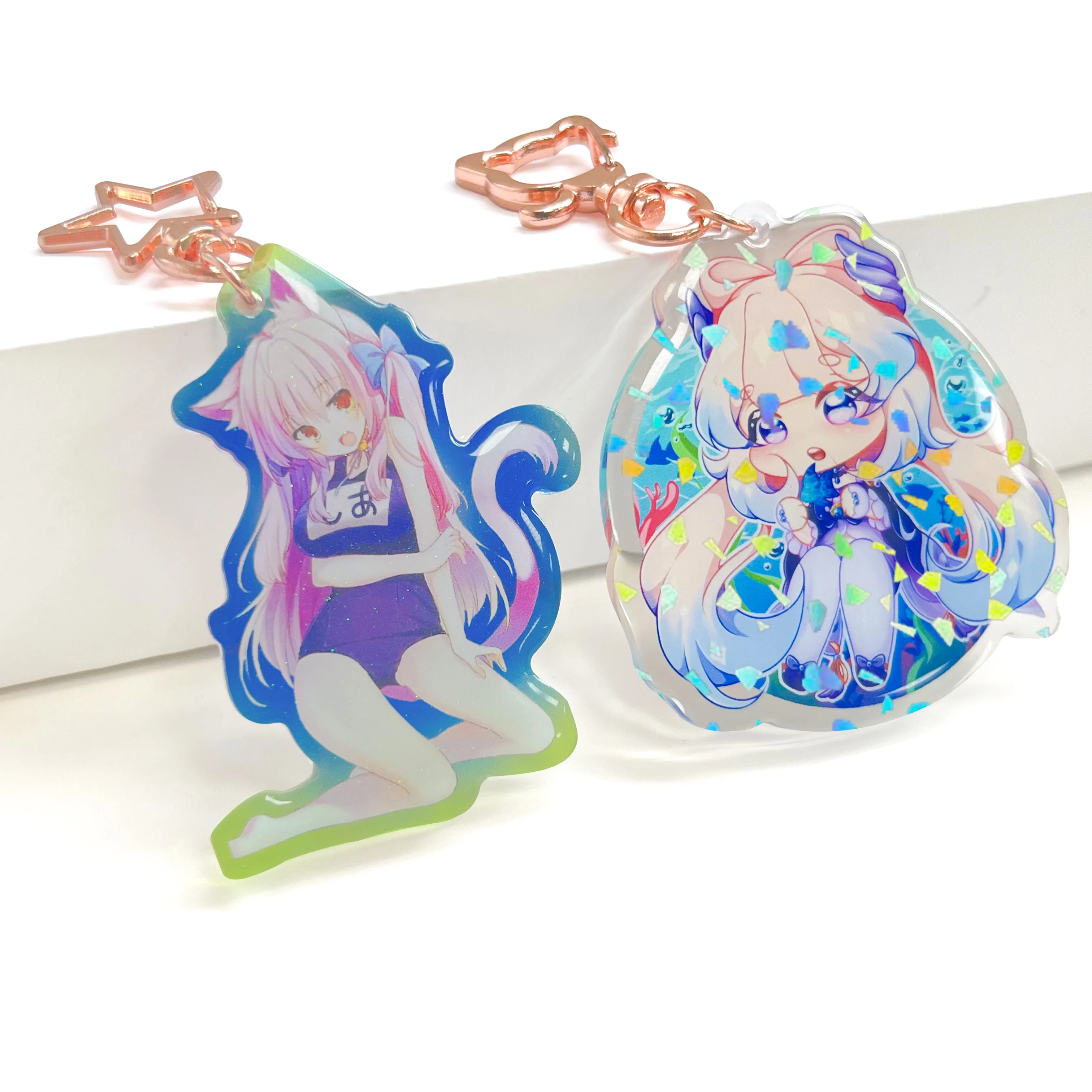 Customized High Quality Anime Figure Epoxy Resin Shaker Charm Acrylic Glitter Rainbow Key Chain