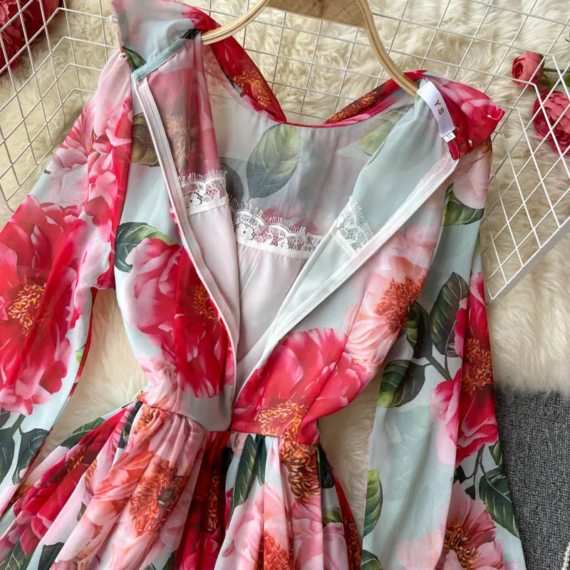 Fashion Clothes 2022 Women Autumn Elegant Printed Holiday Dress New Sweet Lace-Up Bow-Neck Ladies Long Dresses Women