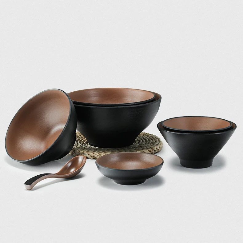 High Quality Melamine Golden Round Soup Bowl Japanese Ceramic Ramen Bowls Curry Rice Bowl