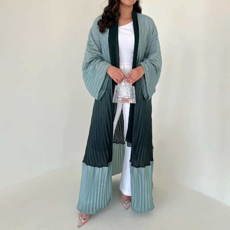 Dubai Middle East two tone chiffon pleated dress abaya factory custom doubles side open abaya with chiffon hijab