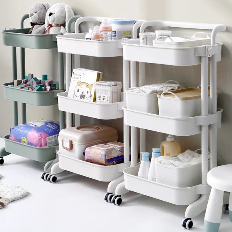 PP three shelves storage home garden multi-function trolley with wheel hand push Family small removable storage racks