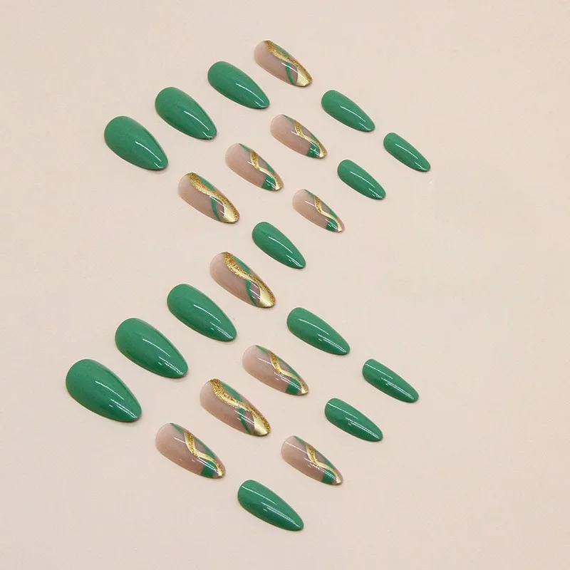 Ripple Ribbon Fashion Fake Nails Wearing Nails Gold Natural and Fresh Green Finger ABS French Full Cover Hard Gel Nail Press on