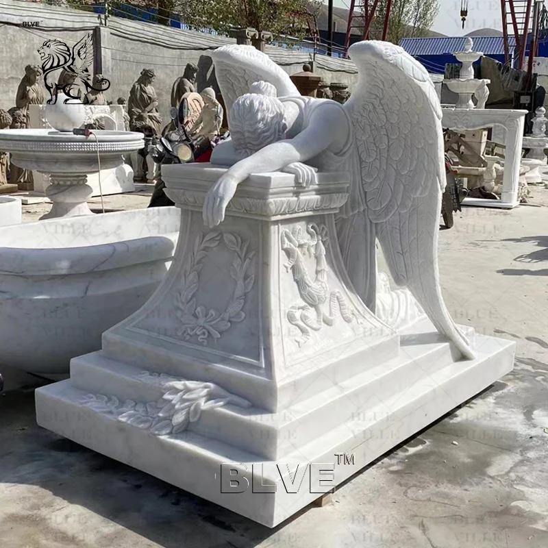 Hand Carving Natural Stone Cross Tombstone Classic Pure White Marble Crying Angel Statue Headstone For Sale