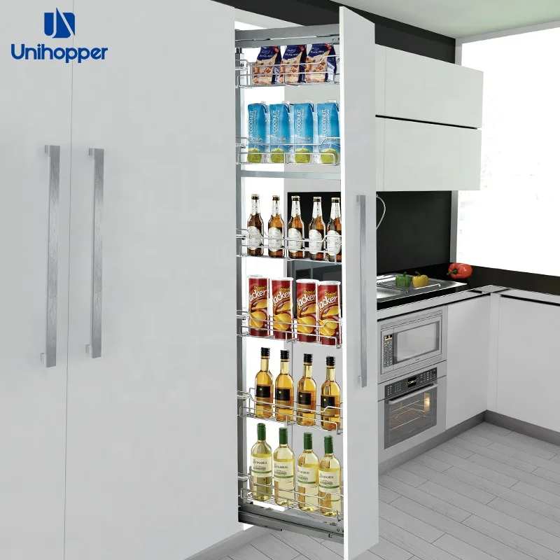 Luxurious Narrow Pull Out Kitchen Cabinet Soft Closing Tall Larder Unit Pantry Organizer