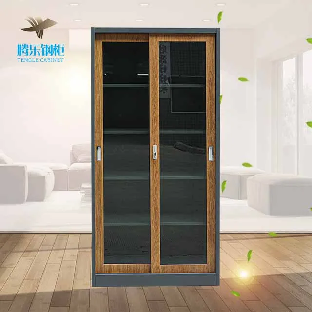 Cabinet with 4 Adjustable Shelves and Patent Sliding Door Lock 2 Sliding Glass Doors Steel Office Furniture Filing Cabinet Metal