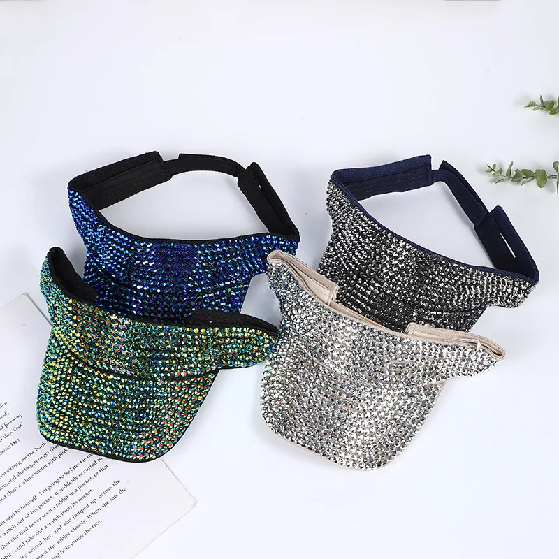 Hot Sale Trendy Bling Sparkle Shiny Glitter Diamond Rhinestones Summer Outdoor Beach Adjustable Colorful Unisex Sun Visor Caps