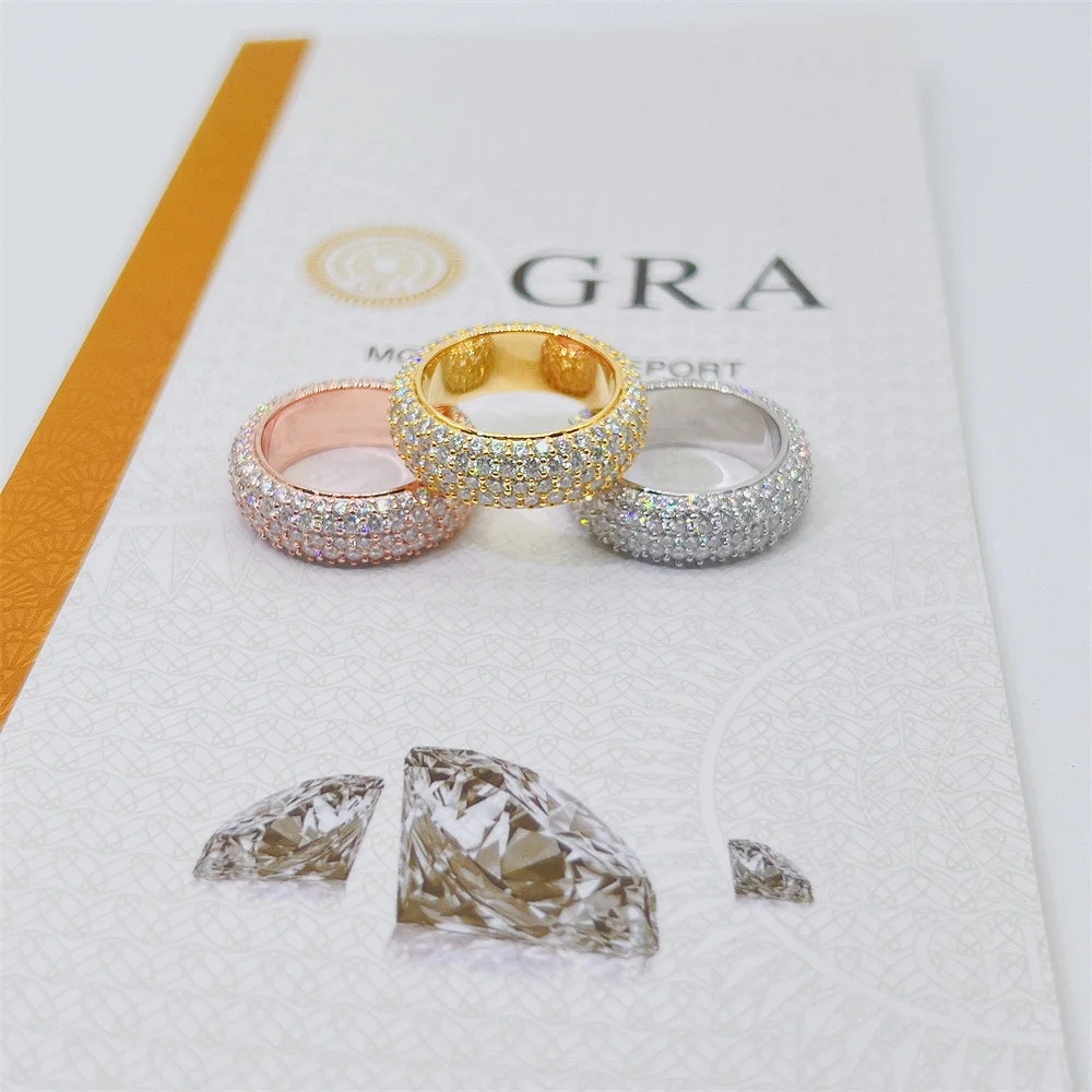 Luxury personalized factory high quality hip hop vvs moissanite 5 rows 925 silver mens eternity ring band for men women