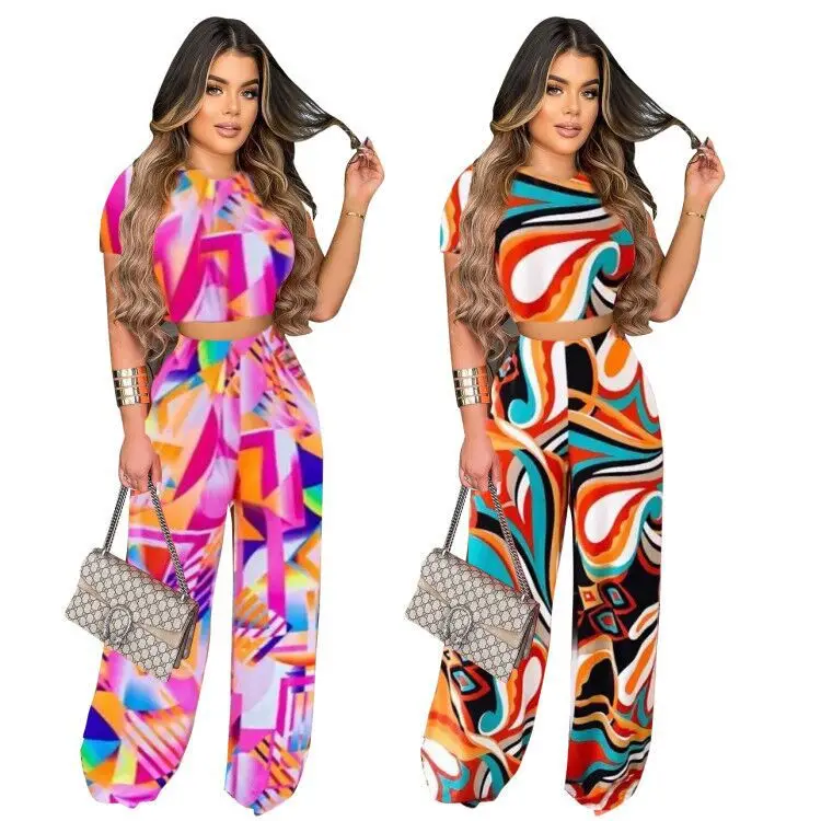 Fashion Printed Short Sleeve O Neck Crop Tops High Waist Wide Leg Pants Summer Outfits 2 Piece Set