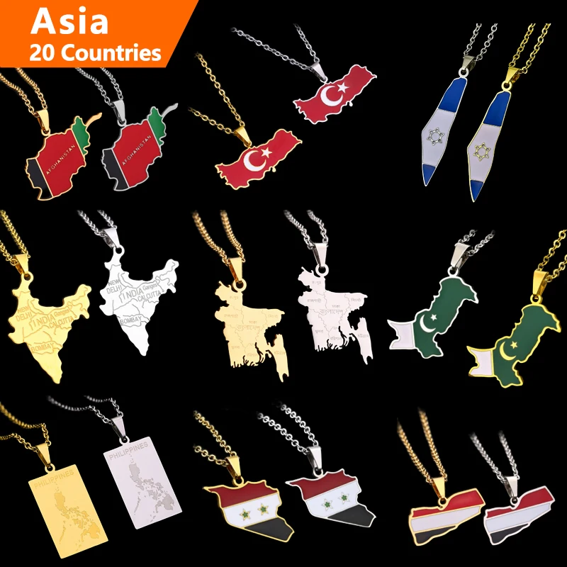 Wholesale Asia 20 Counties Flag Map Necklace Custom Stainless Steel Necklace