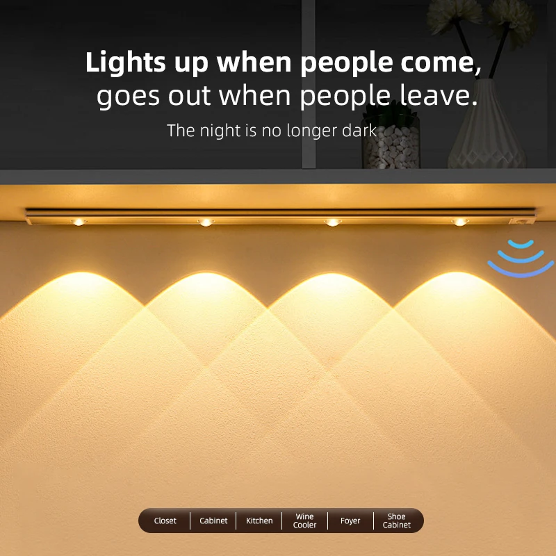 Black Aluminum USB LED Rechargeable Dimmable Operated Motion Sensor Under Counter Lights for Kitchen Stairs