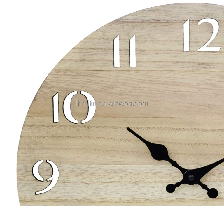Modern Wood 14 Inch Round Battery Operated Hanging Wall Clock with Cut Out Numbers Natural Wood Base Wood Base