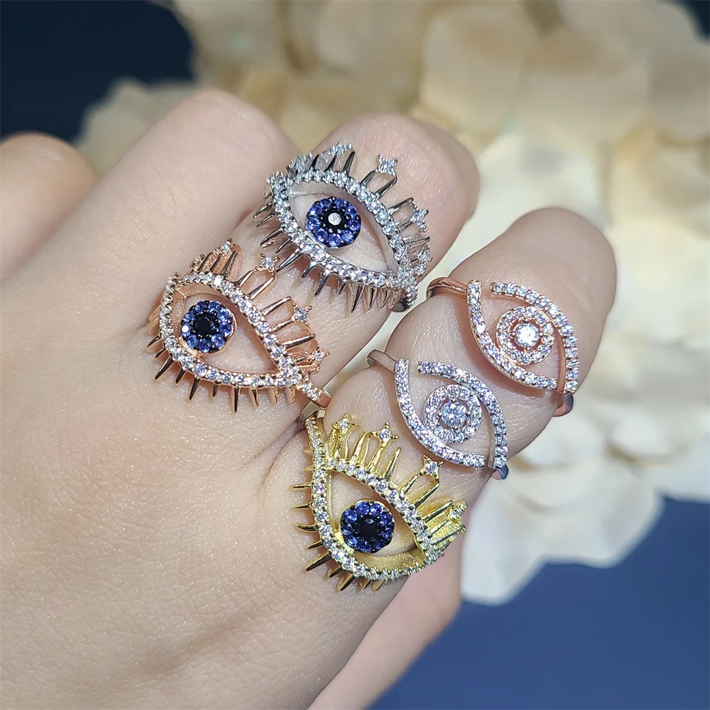 Распродажа $1,2 за грамм персонализированное 18k позолоченное синее CZ Кристальное кольцо на палец открытое регулируемое циркониевое кольцо с глазами зла